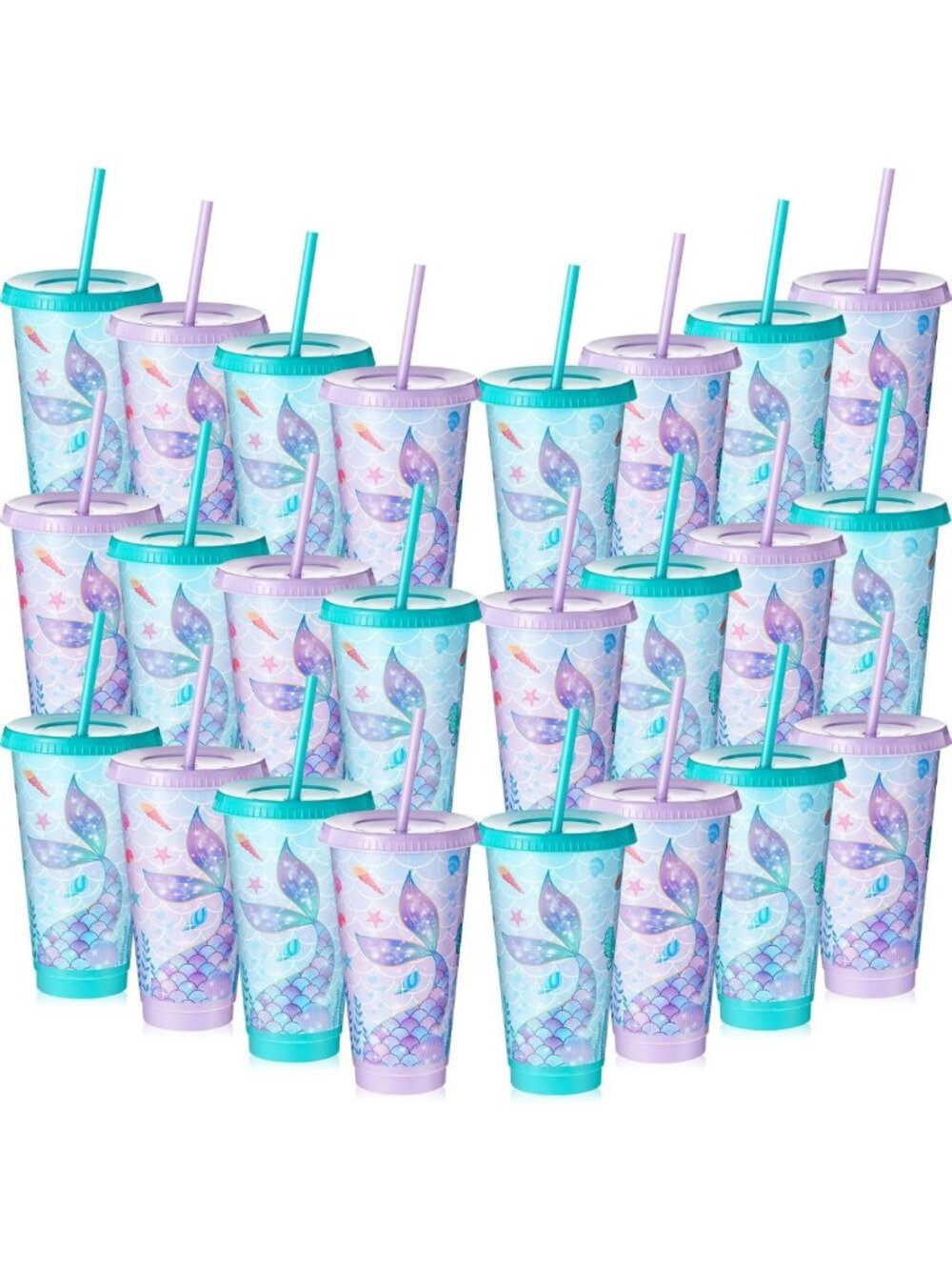 24 Pcs Mermaid Party Cups with Lid & Straw - Reusable Ocean Theme Birthday